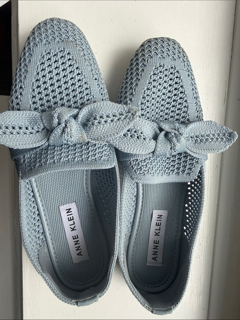 Anne Klein Pale Blue Knit Slip-On Loafers with Braided Knot
